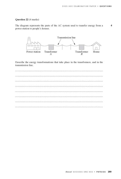 HSC Physics examination paper page by Excel Success One HSC, featuring Question 22, a diagram of an AC power system, and answer lines.
