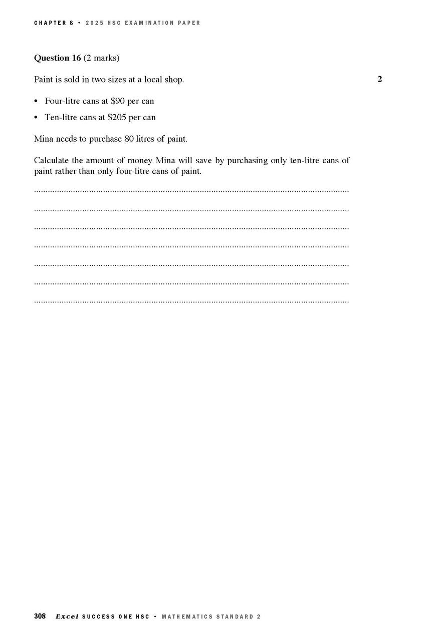 White page of Mathematics Standard 2 examination paper by Excel Success One HSC, showing Question 16 about paint calculations.