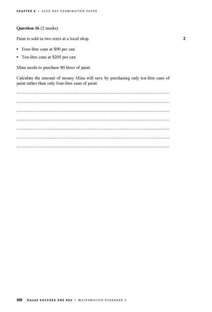 White page of Mathematics Standard 2 examination paper by Excel Success One HSC, showing Question 16 about paint calculations.