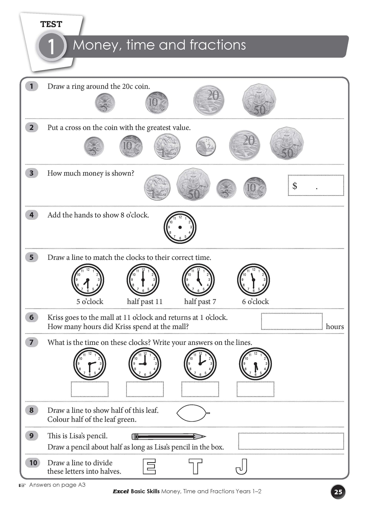 Excel Basic Skills - Money, Time and Fractions Years 1-2