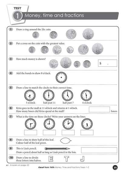 Excel Basic Skills - Money, Time and Fractions Years 1-2