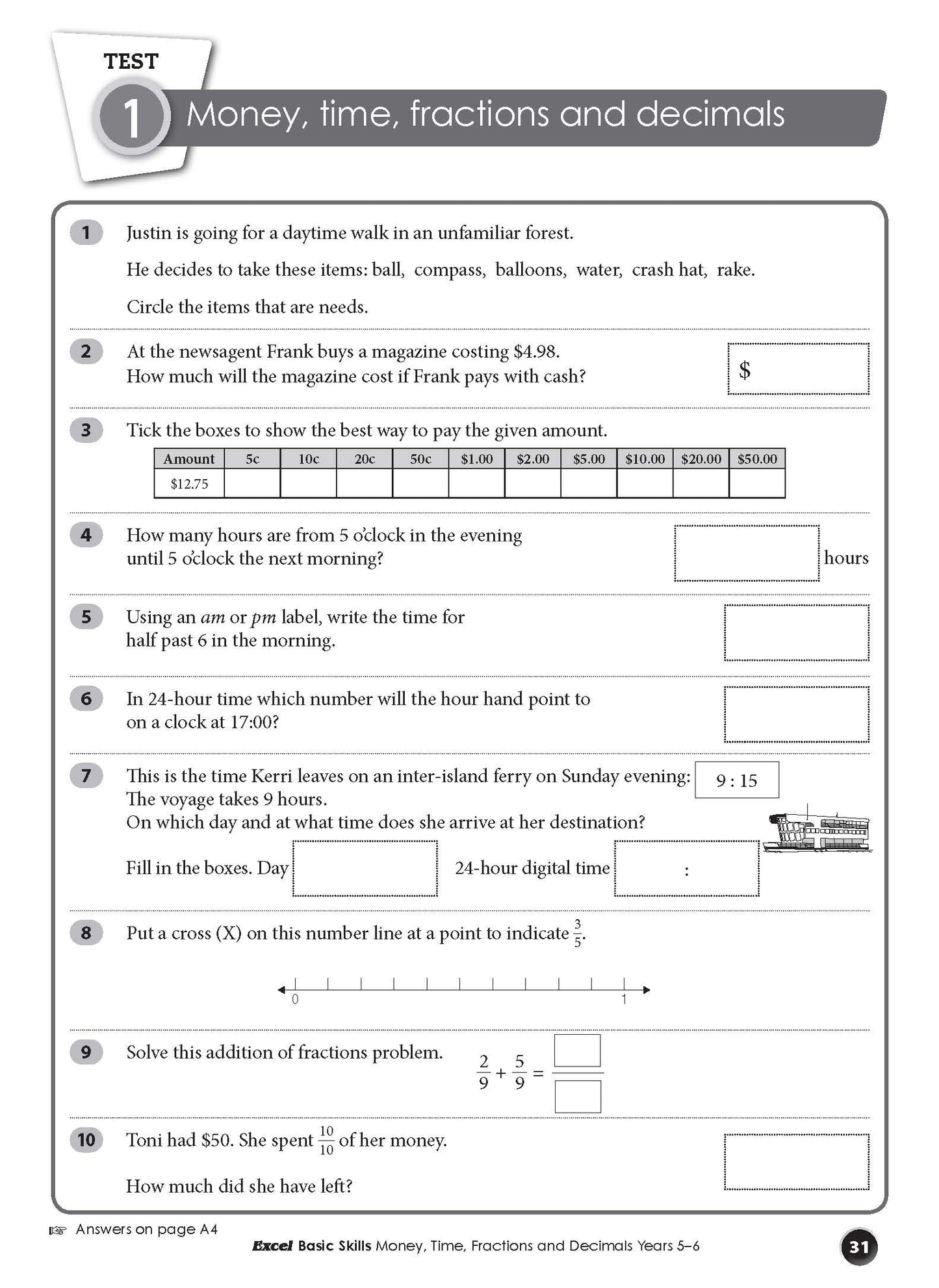 Excel Basic Skills - Money, Time, Fractions and Decimals Years 5-6