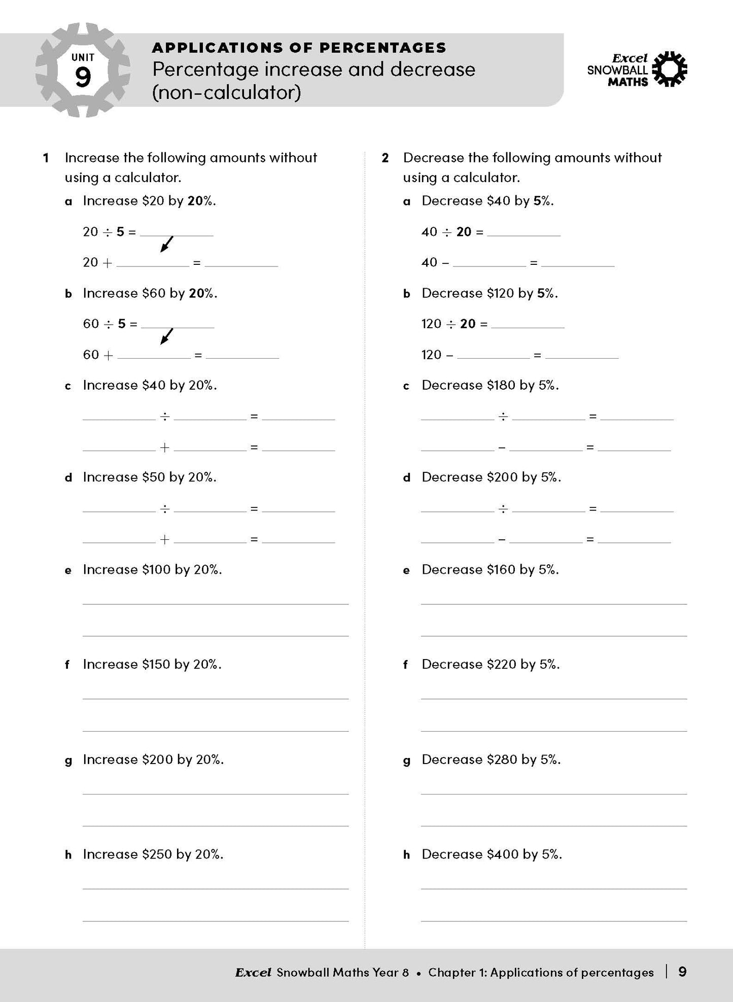 Maths Year 8 workbook by Excel Snowball, open to a page on percentage increase and decrease calculations.