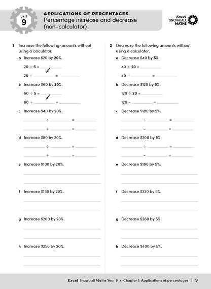 Maths Year 8 workbook by Excel Snowball, open to a page on percentage increase and decrease calculations.