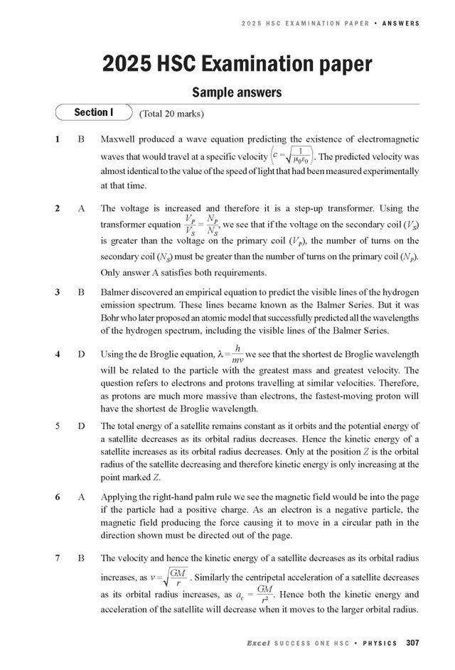 Course notes page by Excel Success One HSC, displaying 2025 HSC Examination paper sample answers with detailed physics solutions.