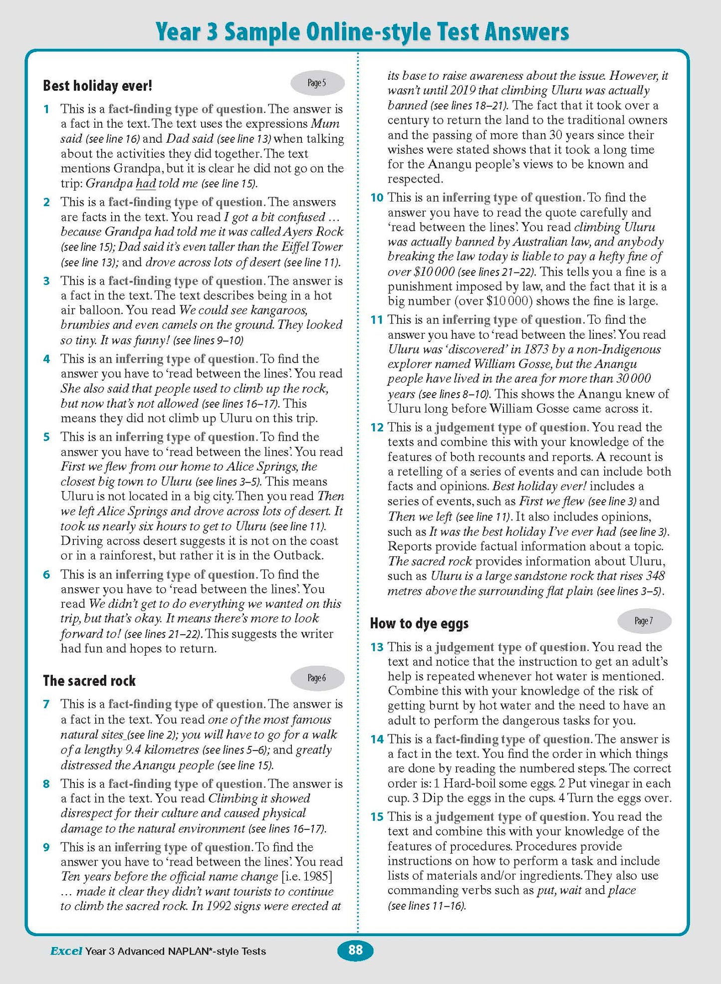 A test book page by Excel, displaying Year 3 NAPLAN-style test answers and explanations on a white background with a blue border.