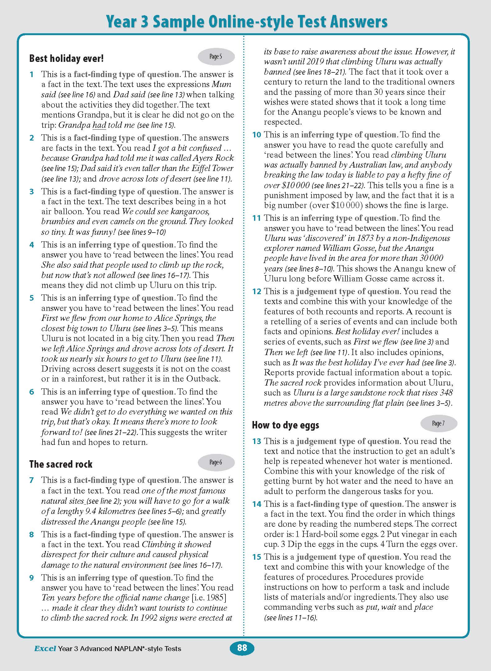 A test book page by Excel, displaying Year 3 NAPLAN-style test answers and explanations on a white background with a blue border.