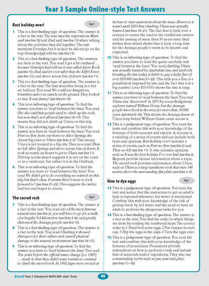 A test book page by Excel, displaying Year 3 NAPLAN-style test answers and explanations on a white background with a blue border.