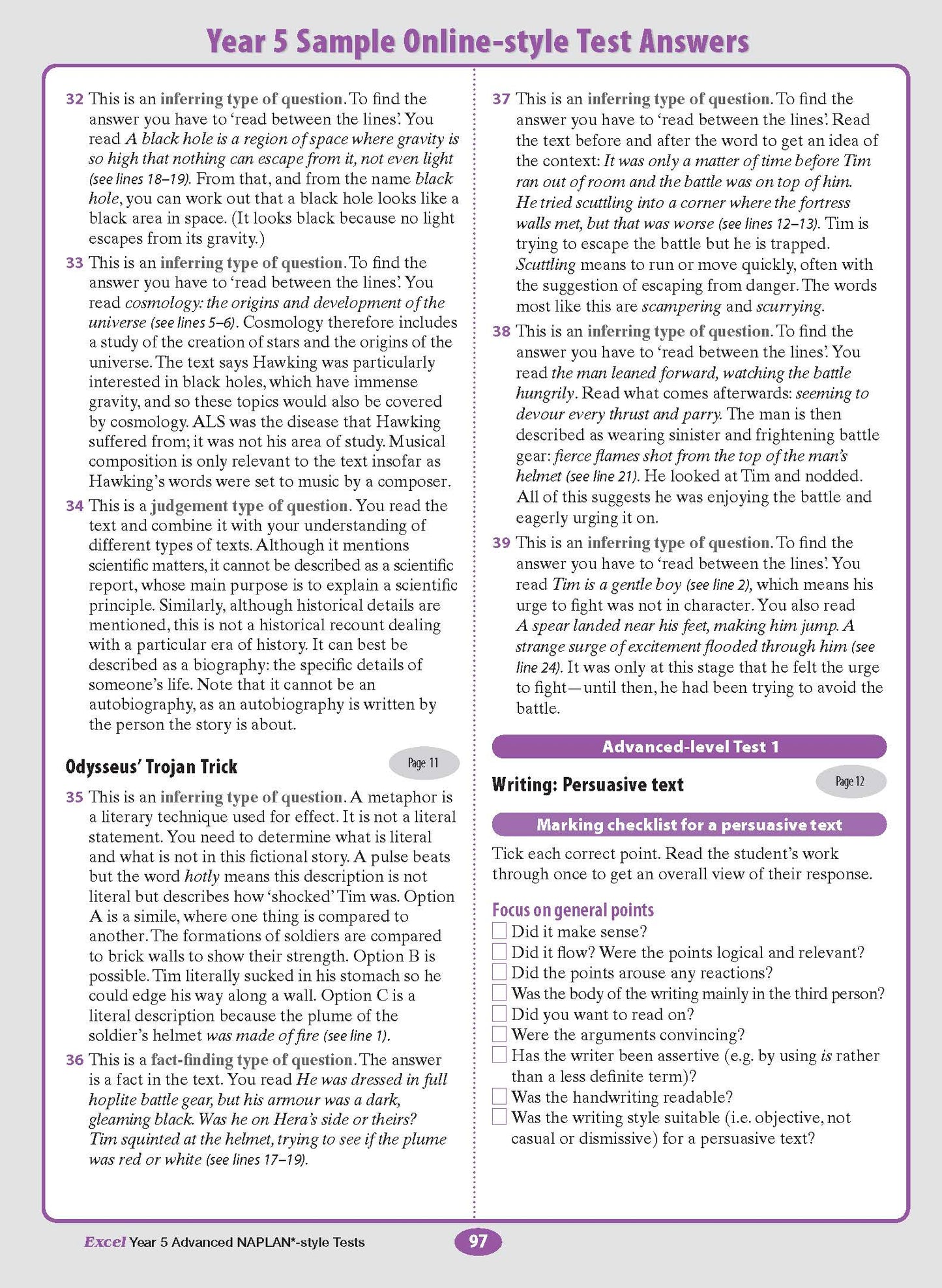Advanced NAPLAN-style test answers page from Excel for Year 5, showing sample questions, solutions, and a persuasive text marking checklist.