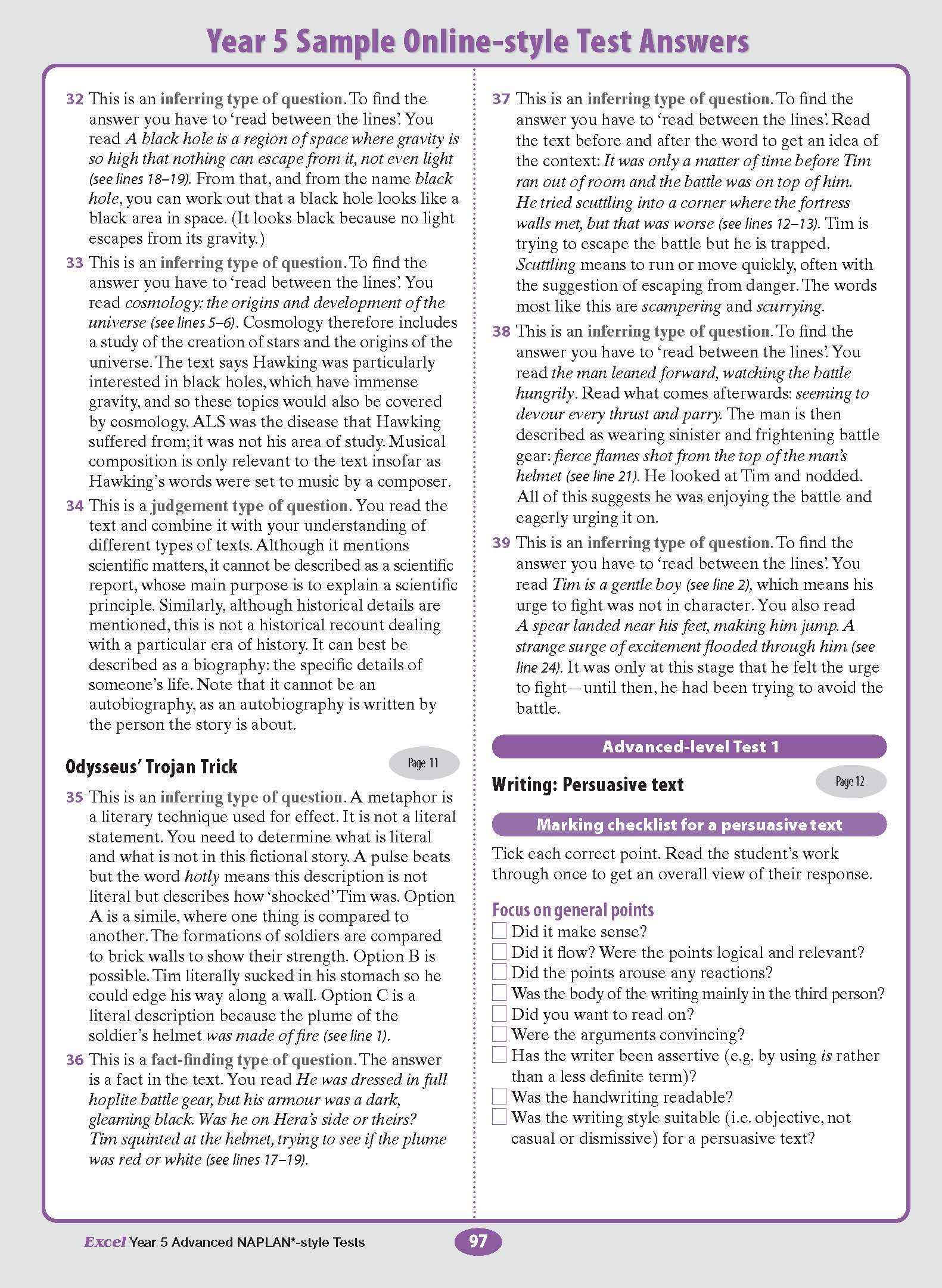 Advanced NAPLAN-style test answers page from Excel for Year 5, showing sample questions, solutions, and a persuasive text marking checklist.