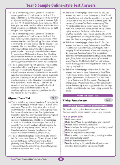 Advanced NAPLAN-style test answers page from Excel for Year 5, showing sample questions, solutions, and a persuasive text marking checklist.