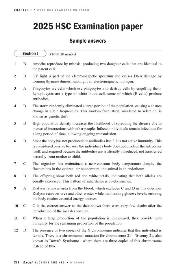 Biology course notes page by Excel Success One HSC, showing 2025 HSC examination sample answers with numbered questions and detailed responses.