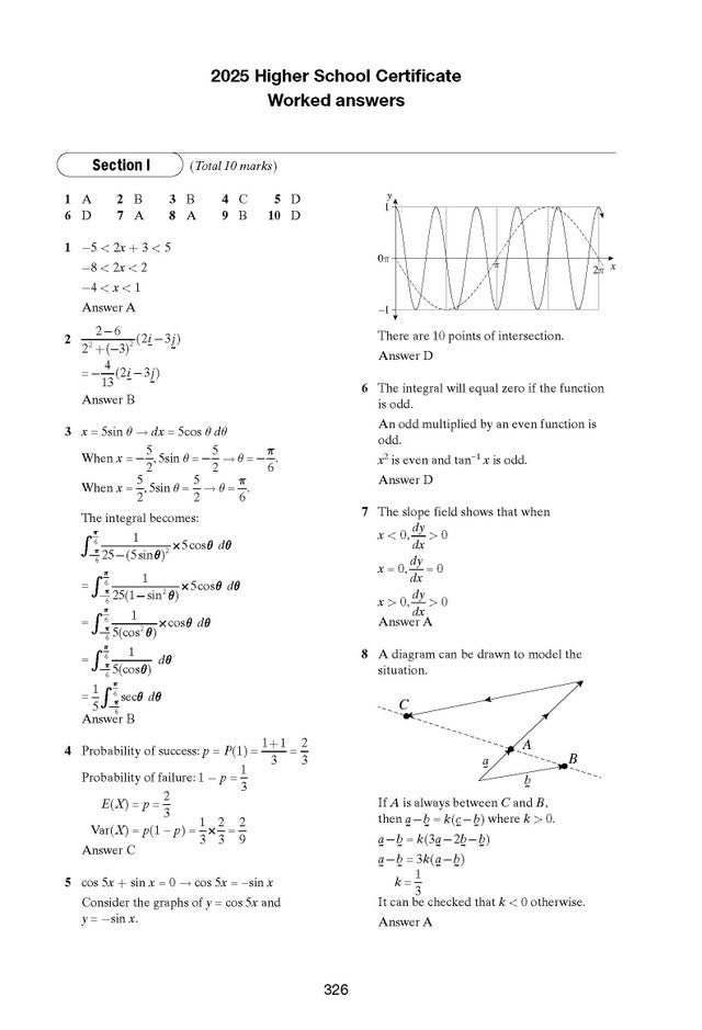 Worked answers booklet by Excel Success One showing 2025 Higher School Certificate mathematics problems and solutions with graphs.