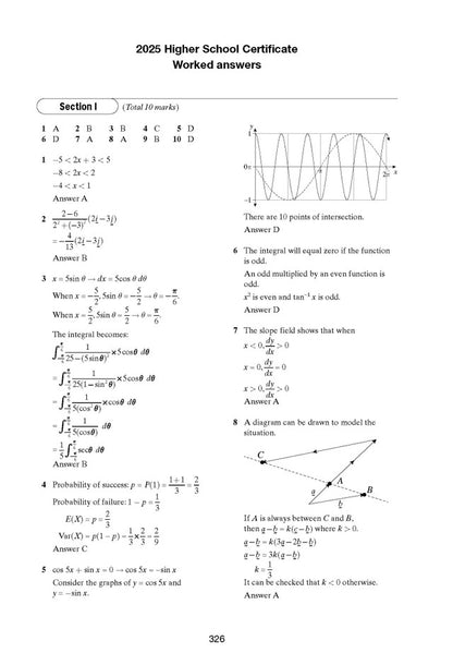 Worked answers booklet by Excel Success One showing 2025 Higher School Certificate mathematics problems and solutions with graphs.