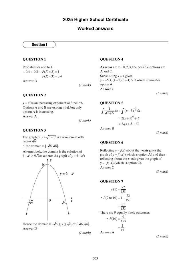 Mathematics Advanced Course Notes for HSC Year 12 by Excel Success One, displaying worked answers for 2025 exam questions with equations and a graph.