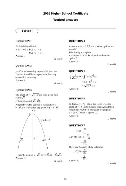 Mathematics Advanced Course Notes for HSC Year 12 by Excel Success One, displaying worked answers for 2025 exam questions with equations and a graph.