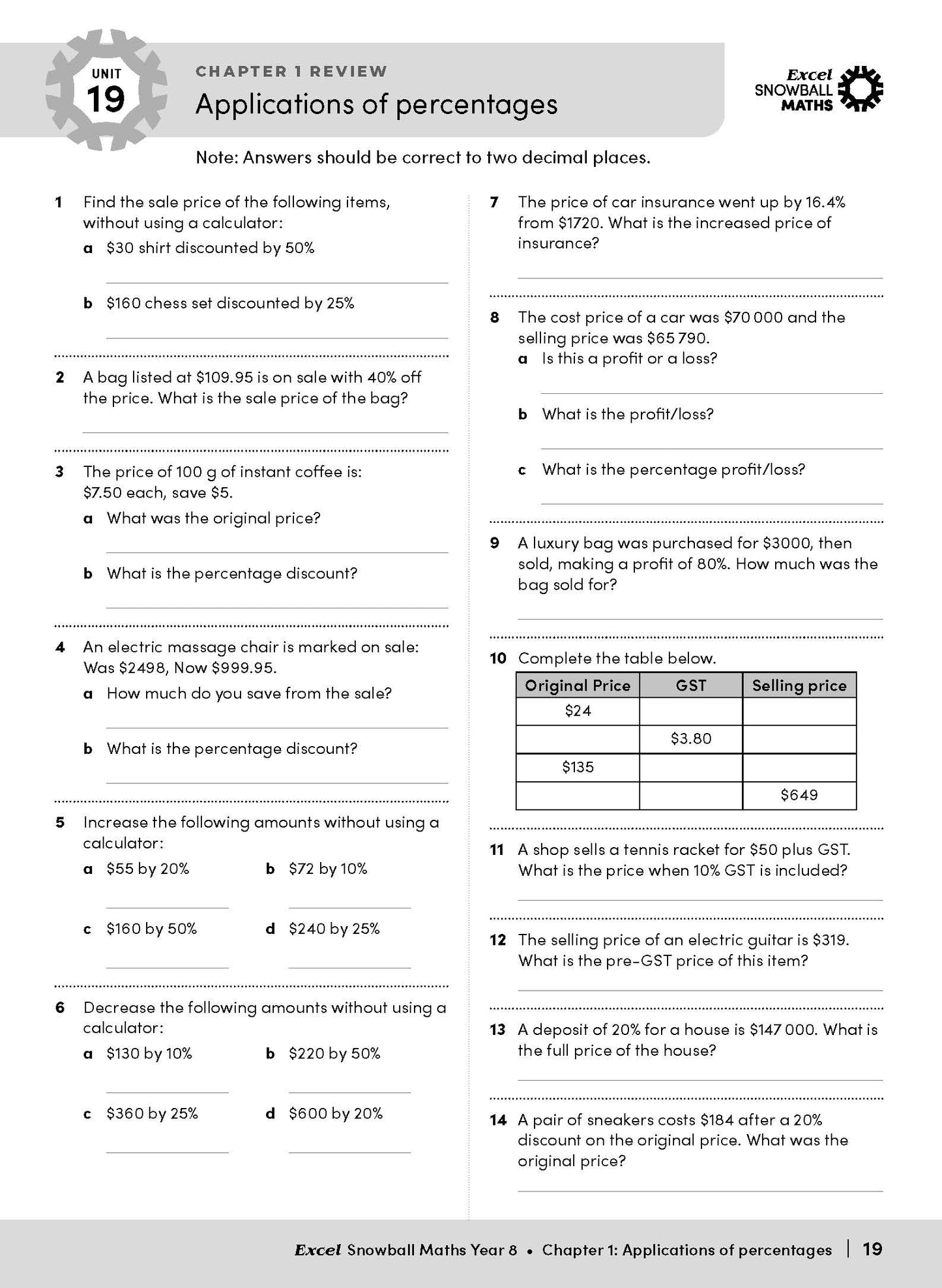 Maths Year 8 workbook by Excel Snowball with a chapter on applications of percentages.