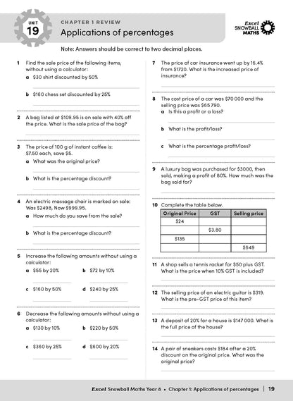 Maths Year 8 workbook by Excel Snowball with a chapter on applications of percentages.
