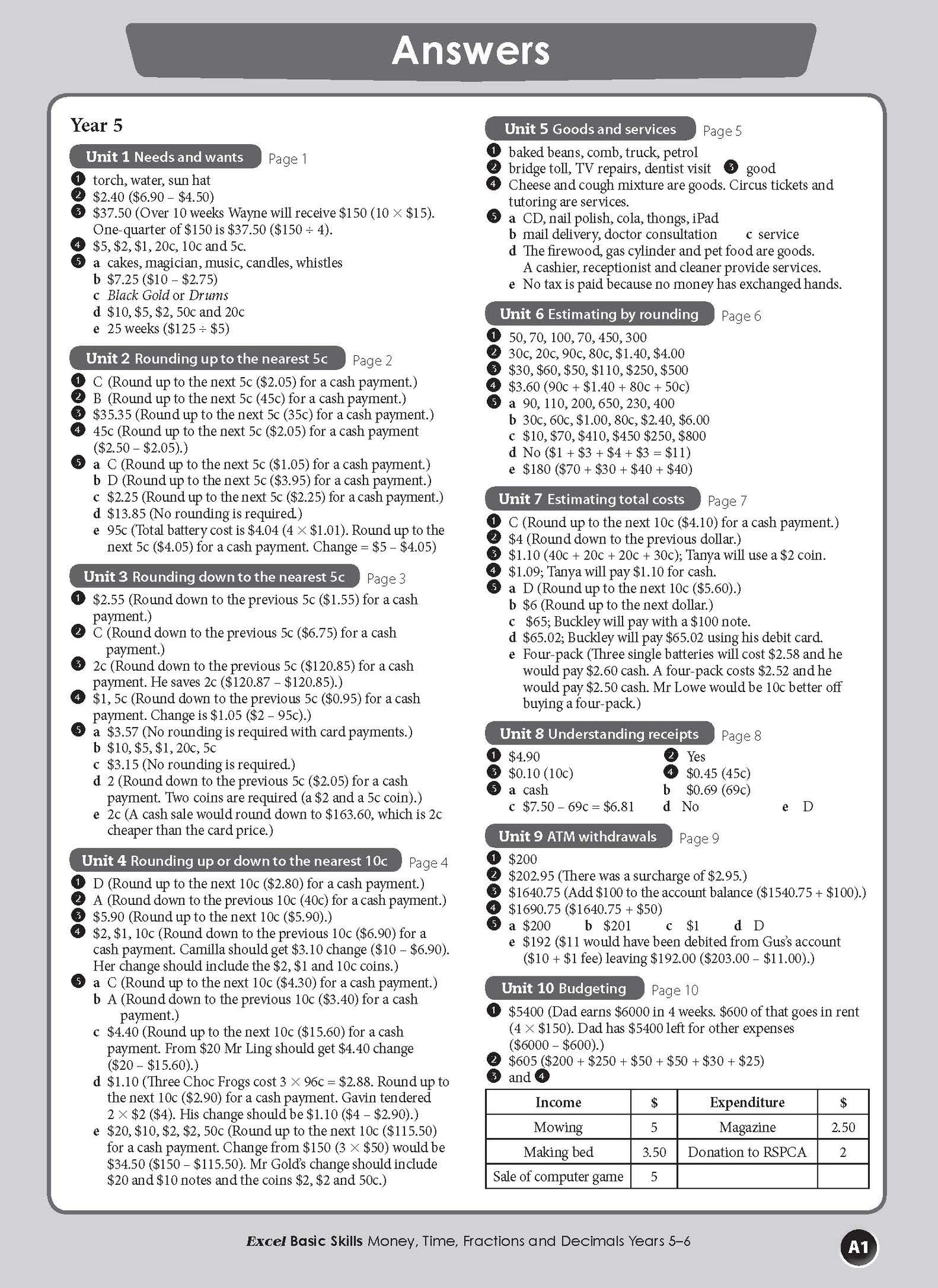 Excel Basic Skills - Money, Time, Fractions and Decimals Years 5-6
