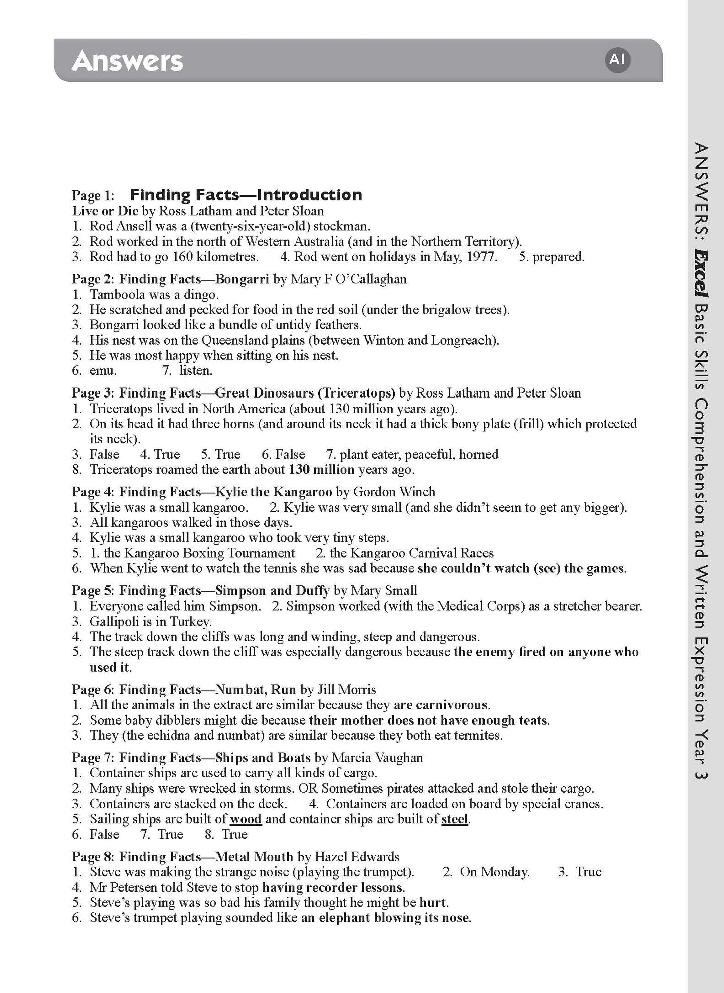 Excel Basic Skills - Comprehension and Written Expression Year 3