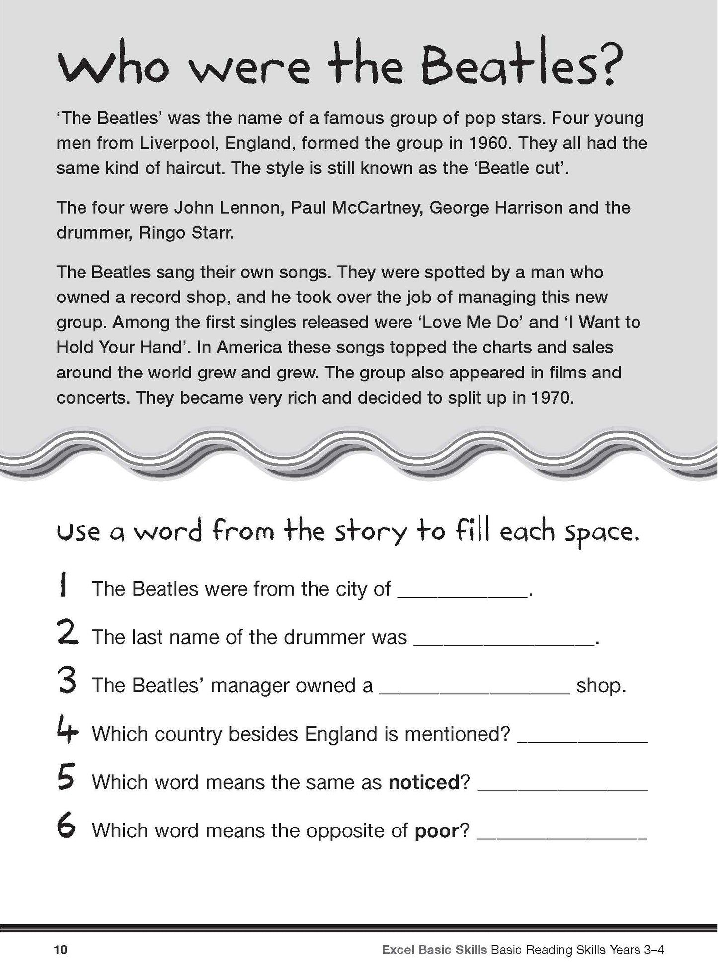 Excel Basic Skills - Basic Reading Skills Years 3-4