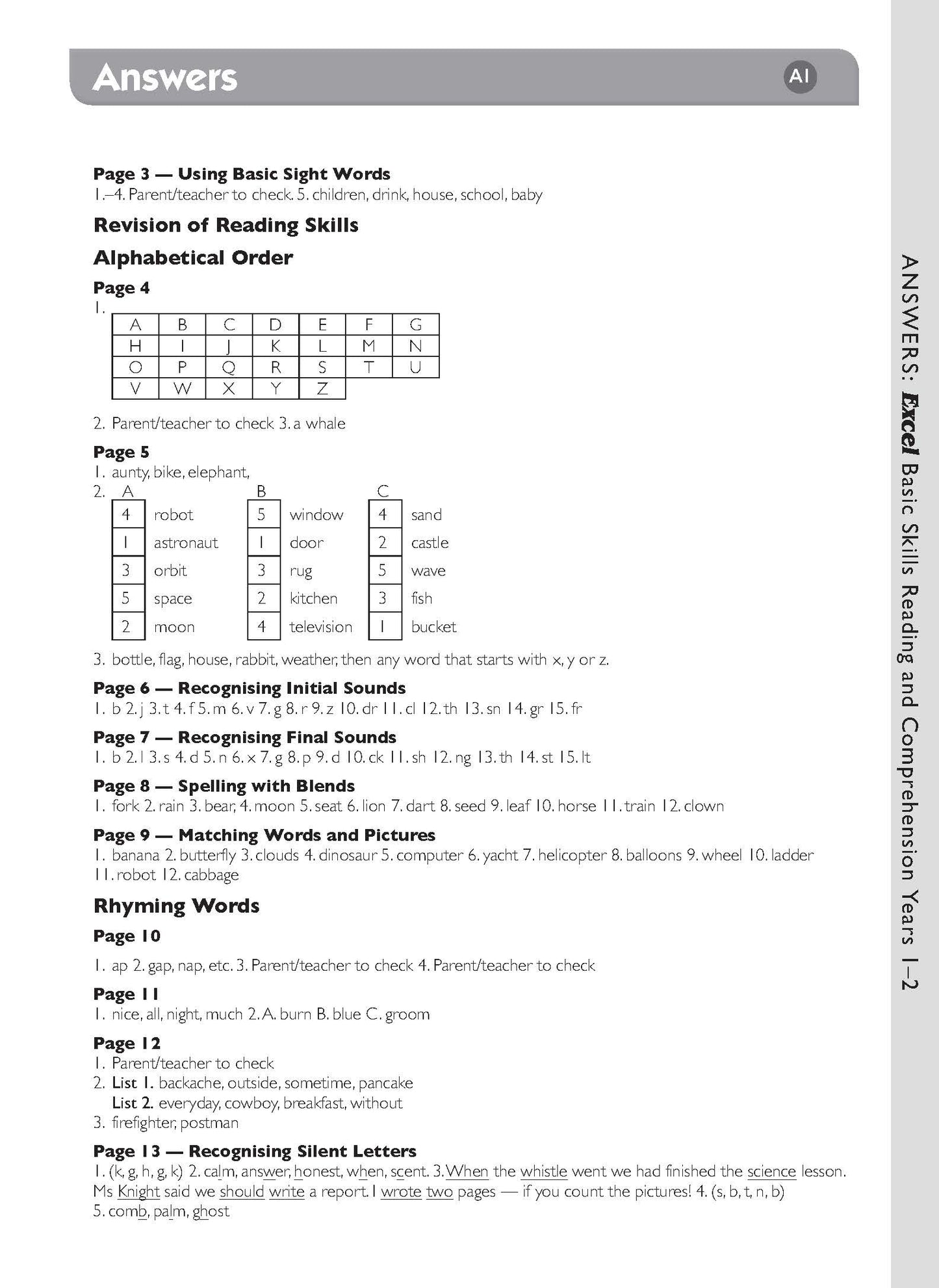 Excel Basic Skills - Reading and Comprehension Years 1-2