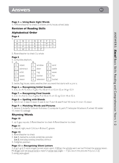 Excel Basic Skills - Reading and Comprehension Years 1-2