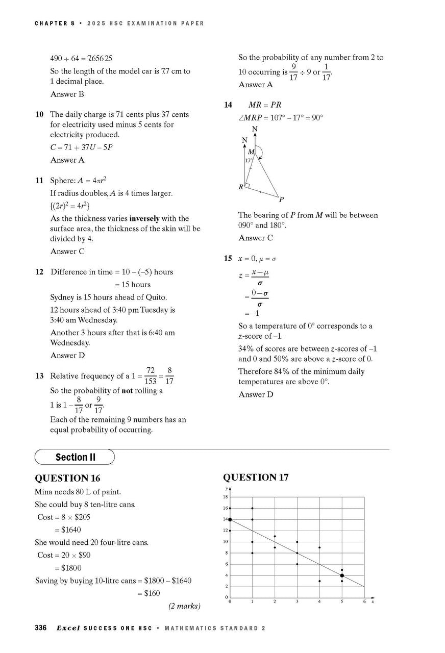 Mathematics Standard 2 course notes by Excel Success One HSC, showing a page with various exam questions and diagrams.