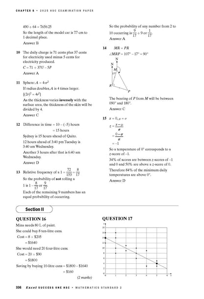 Mathematics Standard 2 course notes by Excel Success One HSC, showing a page with various exam questions and diagrams.
