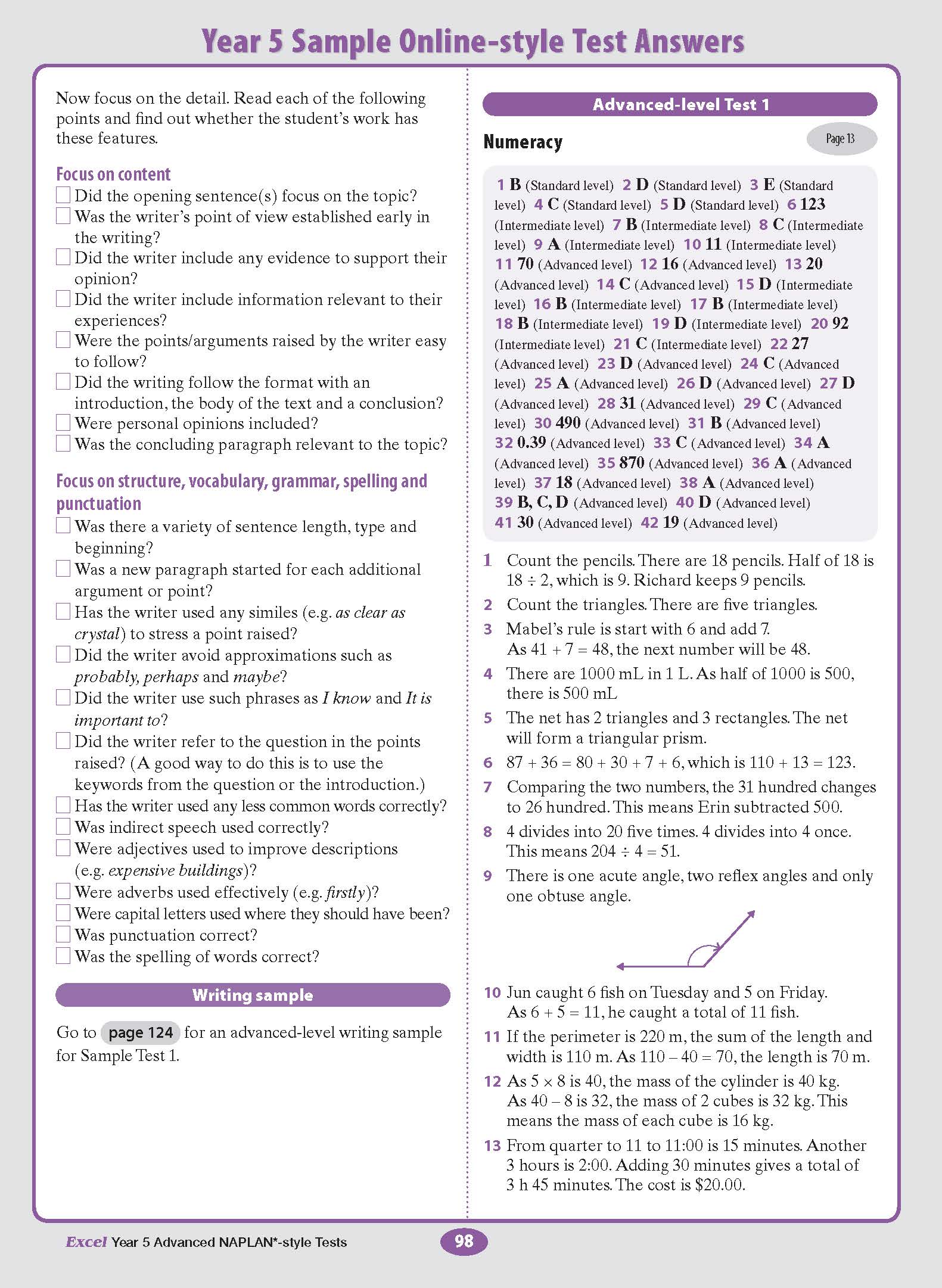 NAPLAN-style Test Book by Excel, an open page with purple borders and text for Year 5 sample answers.