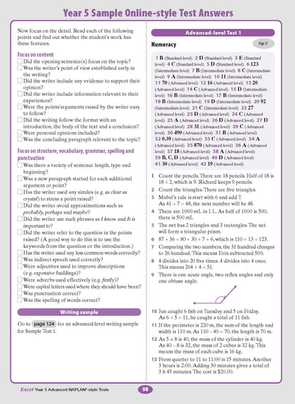 NAPLAN-style Test Book by Excel, an open page with purple borders and text for Year 5 sample answers.