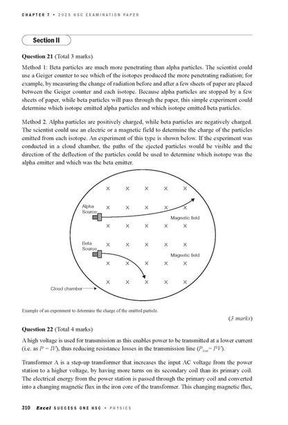 A page from the HSC Physics Course Notes by Excel Success One, featuring questions on radiation and a diagram of particle deflection.