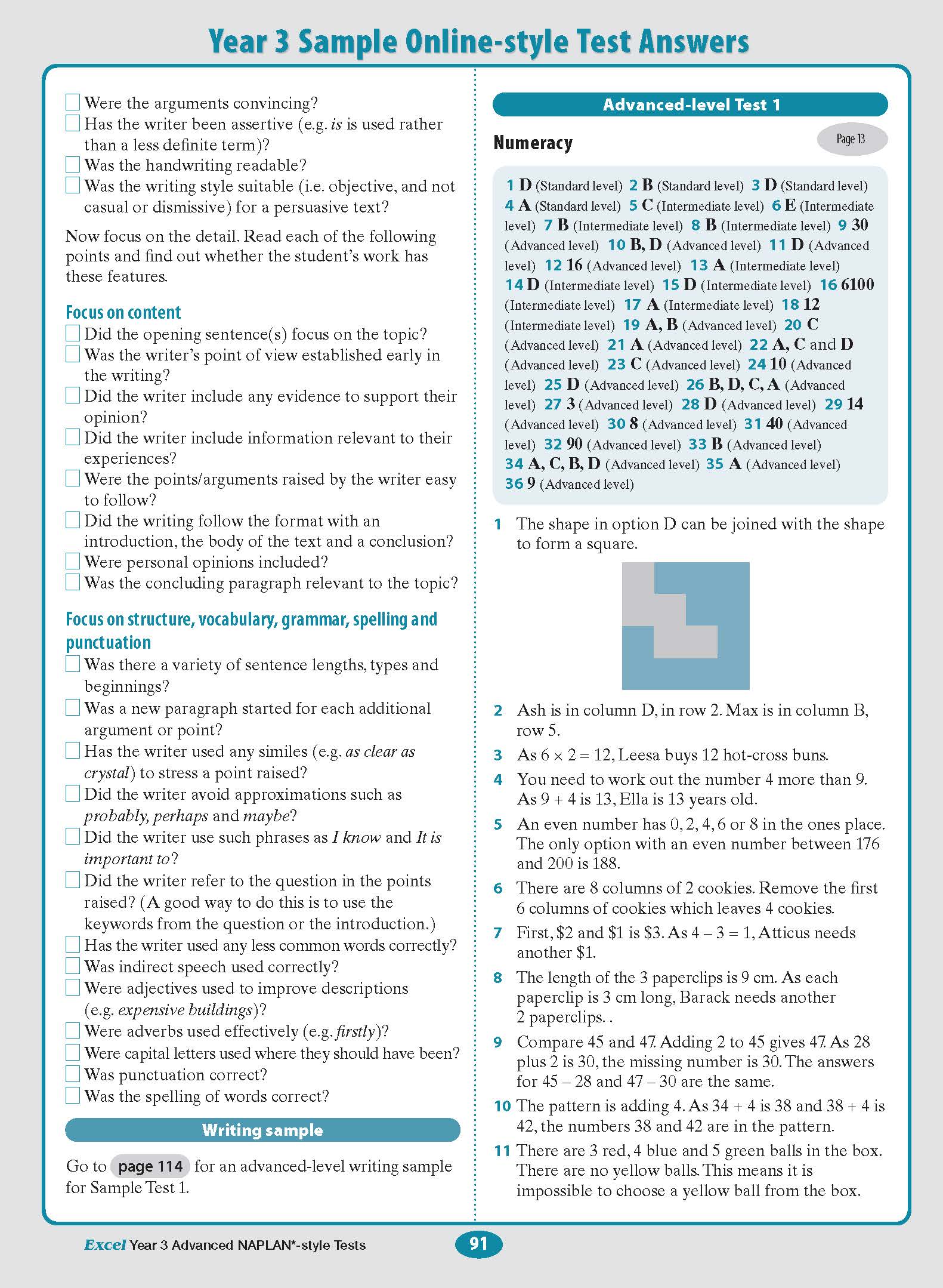 Open assessment test book spread by Excel, displaying text, checkboxes, a geometric shape problem, and page number 91.