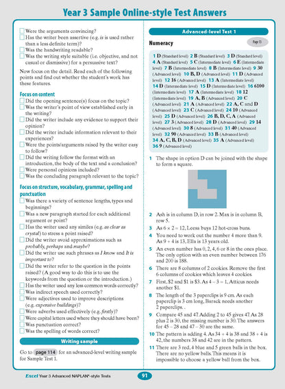 Open assessment test book spread by Excel, displaying text, checkboxes, a geometric shape problem, and page number 91.