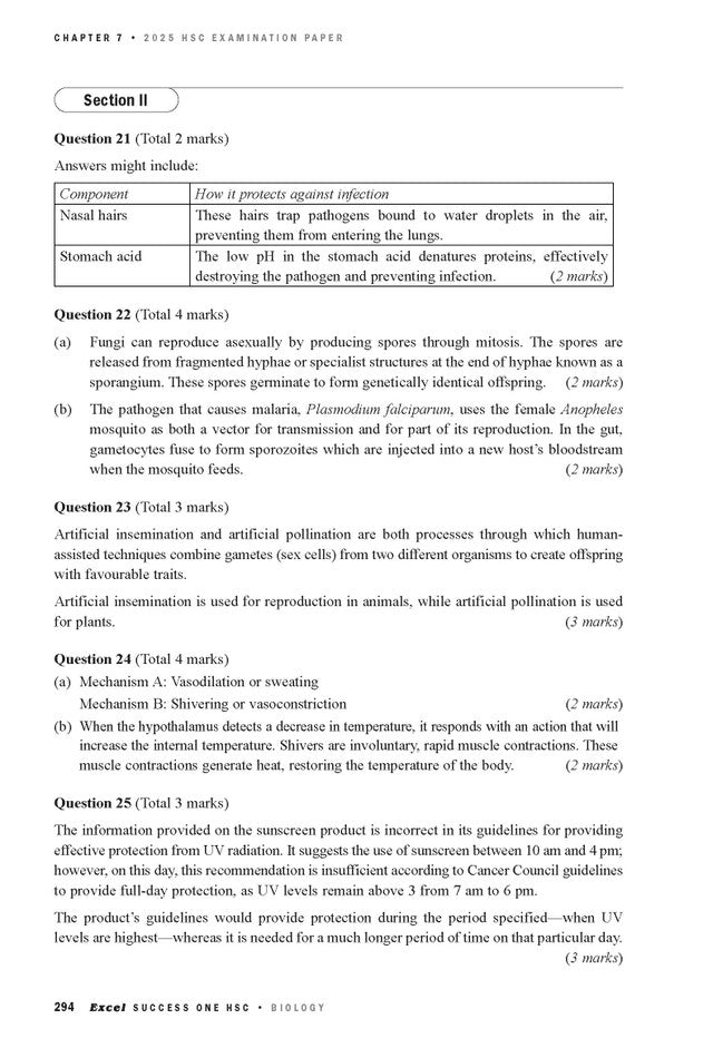 Biology examination paper page by Excel Success One HSC, displaying questions on immunity and thermoregulation in black text on white.