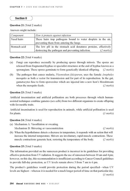 Biology examination paper page by Excel Success One HSC, displaying questions on immunity and thermoregulation in black text on white.