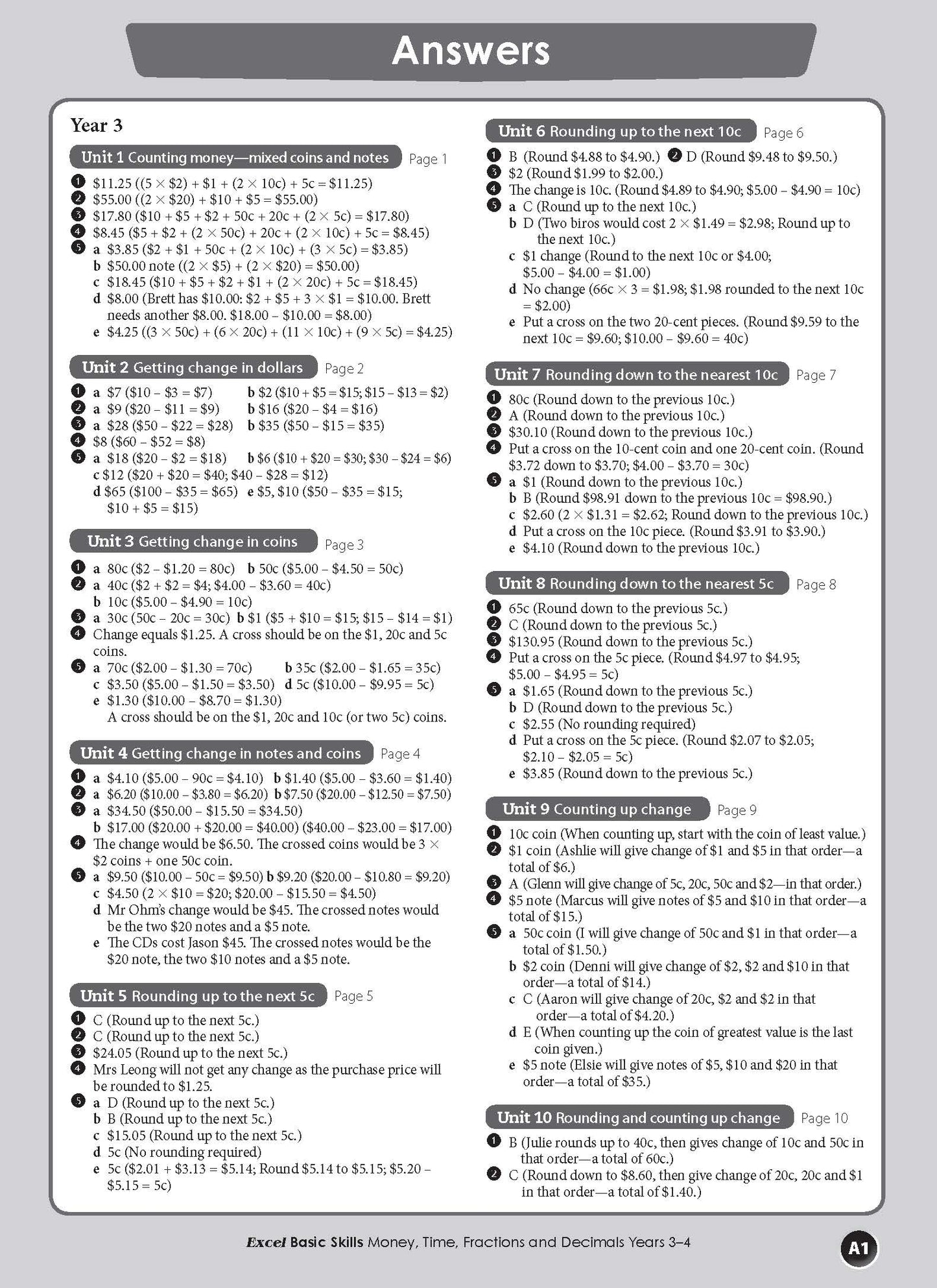 Excel Basic Skills - Money, Time, Fractions and Decimals Years 3-4