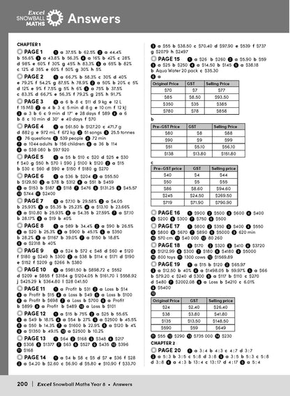 Maths answer key page from Excel Snowball, displaying structured solutions for Chapter 1 and various pages in black text on a white background.
