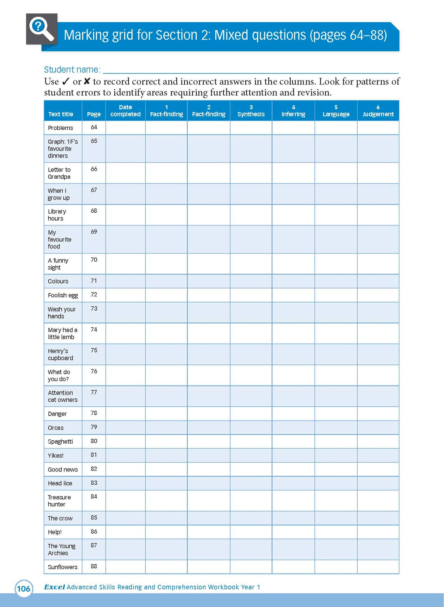 Excel Advanced Skills - Reading and Comprehension Workbook Year 1