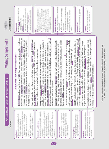 Assessment and Test Book page displaying a sample persuasive writing essay with detailed explanations of writing techniques and structure.