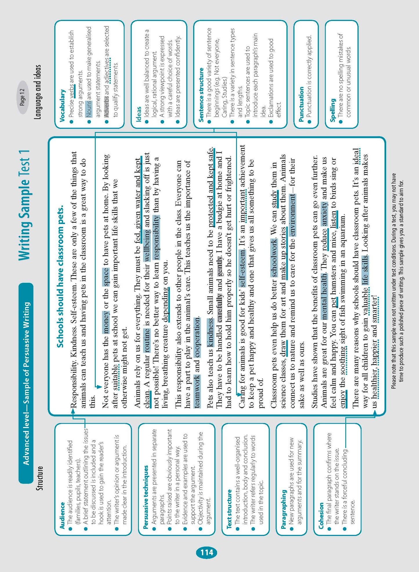 Year 3 NAPLAN-style Test Book by Excel, open to internal pages showing a writing sample with annotations and blue/green headings.
