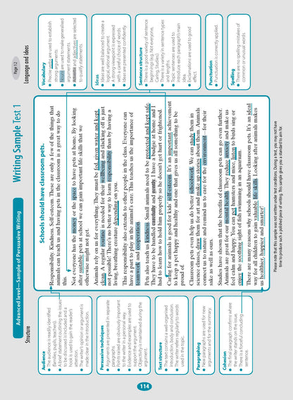 Year 3 NAPLAN-style Test Book by Excel, open to internal pages showing a writing sample with annotations and blue/green headings.