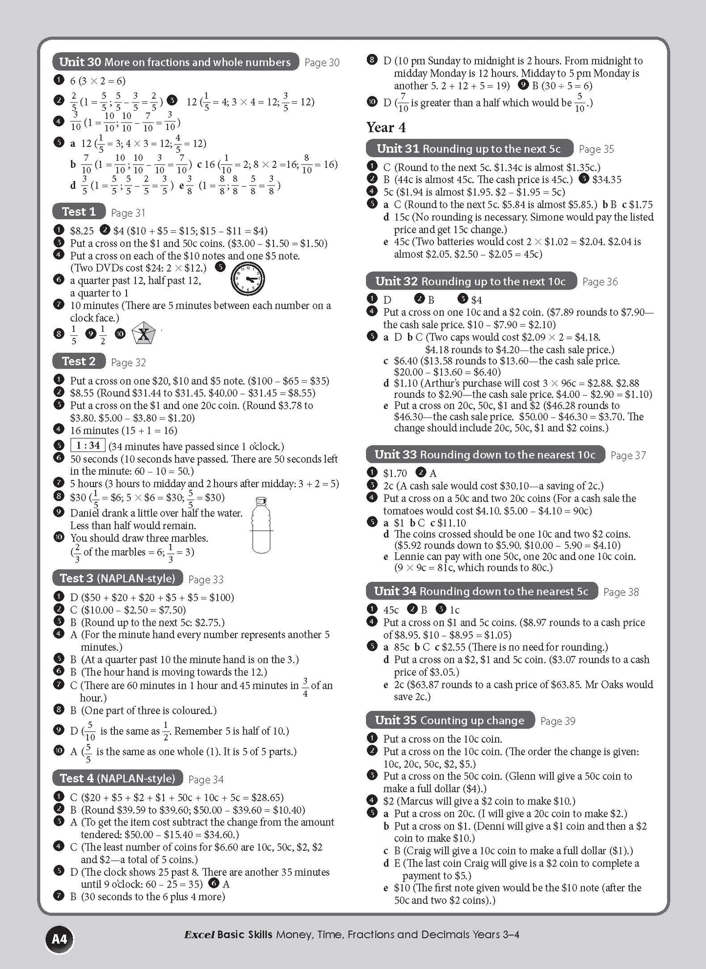 Excel Basic Skills - Money, Time, Fractions and Decimals Years 3-4