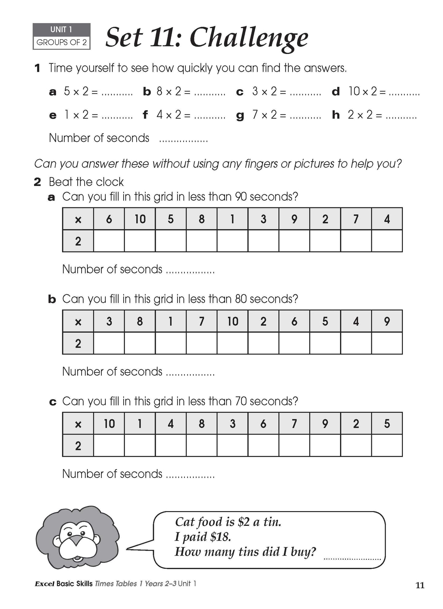 Excel Basic Skills - Times Tables 1 Years 2-3