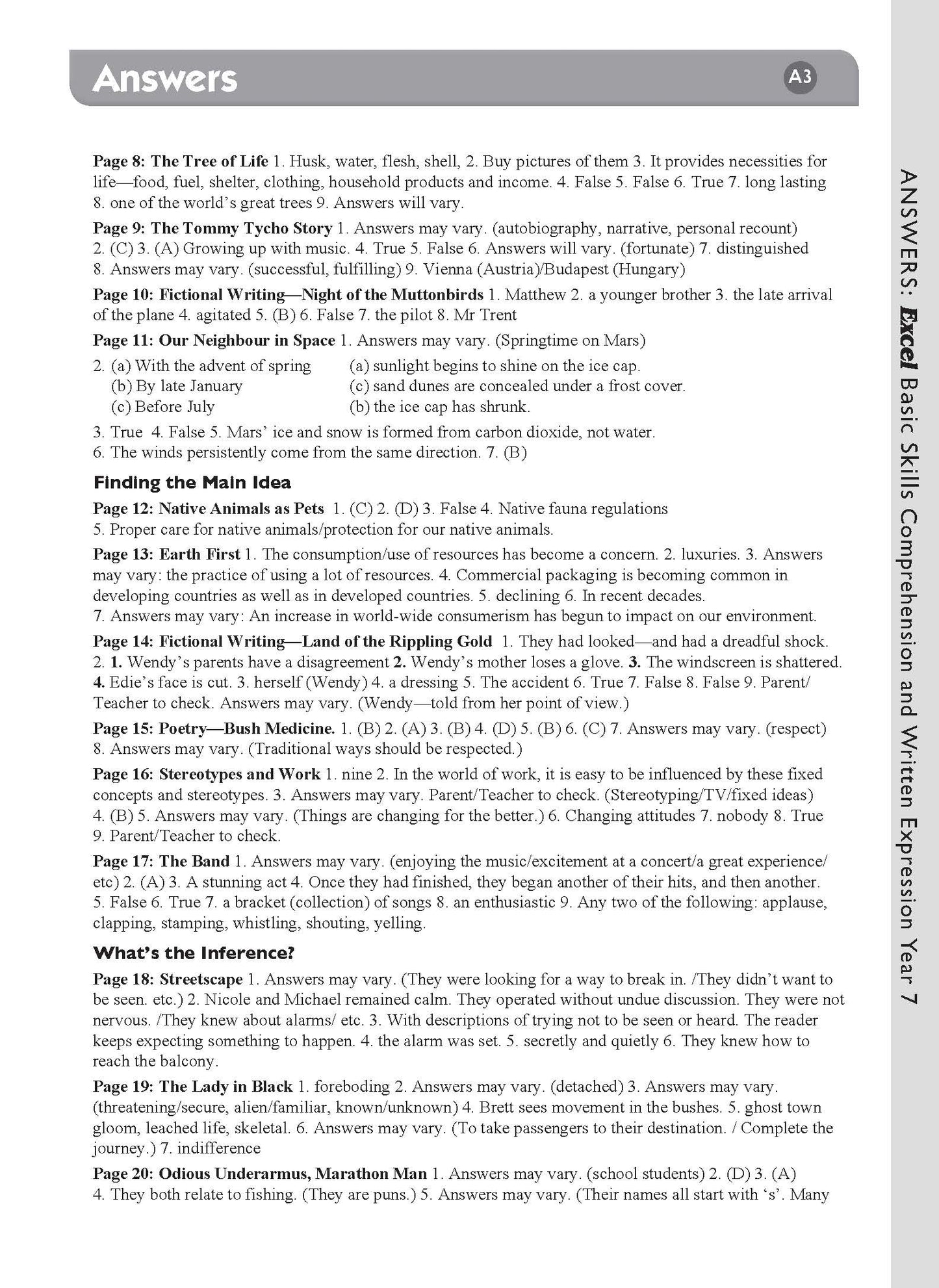 Excel Basic Skills - Comprehension and Written Expression Year 7