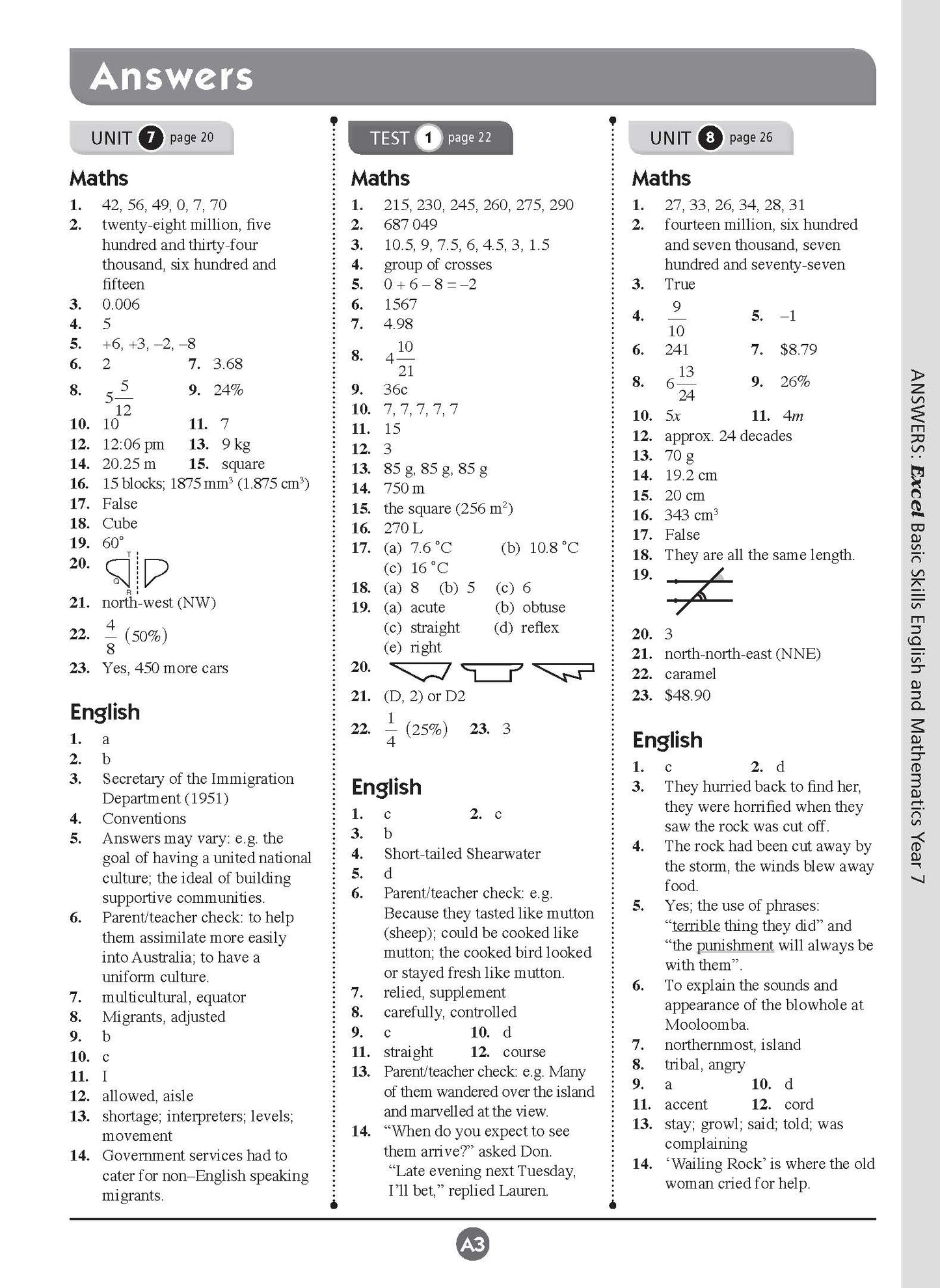 Excel Basic Skills - English and Mathematics Year 7