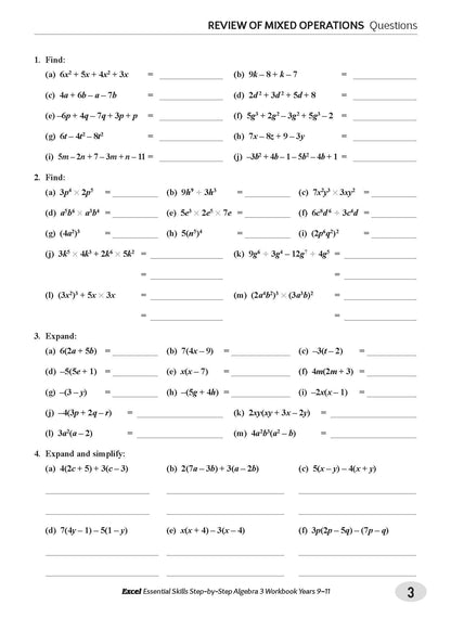 Excel Essential Skills - Step-by-Step Algebra 3 Workbook Years 9-11