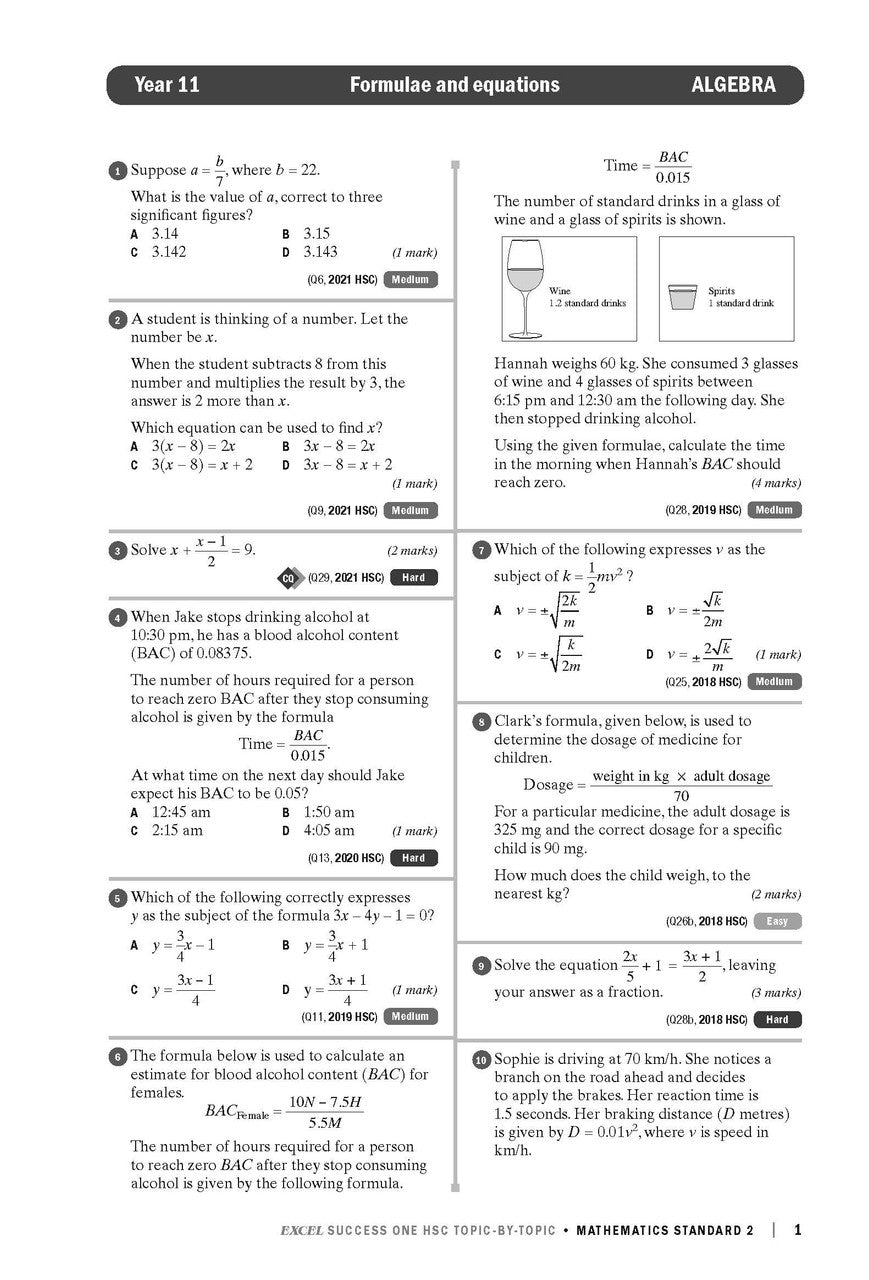 Excel Success One HSC Year 12 Mathematics Standard 2 (2022 Edition)