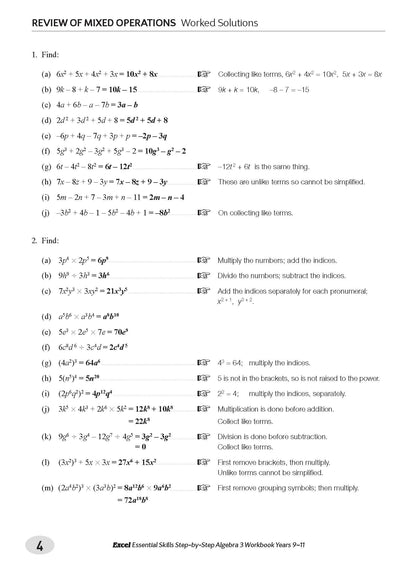 Excel Essential Skills - Step-by-Step Algebra 3 Workbook Years 9-11