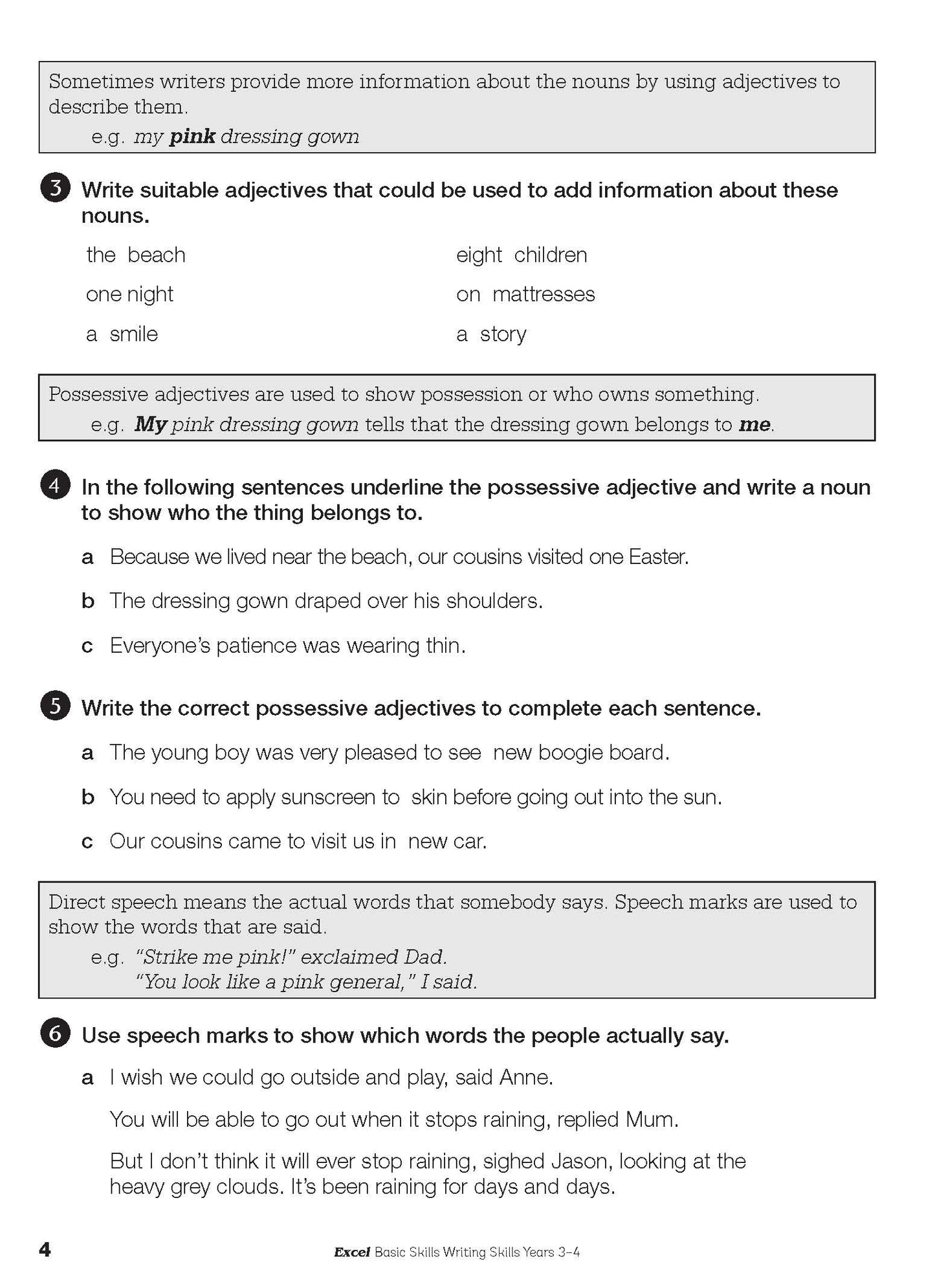 Excel Basic Skills - Writing Skills Years 3-4